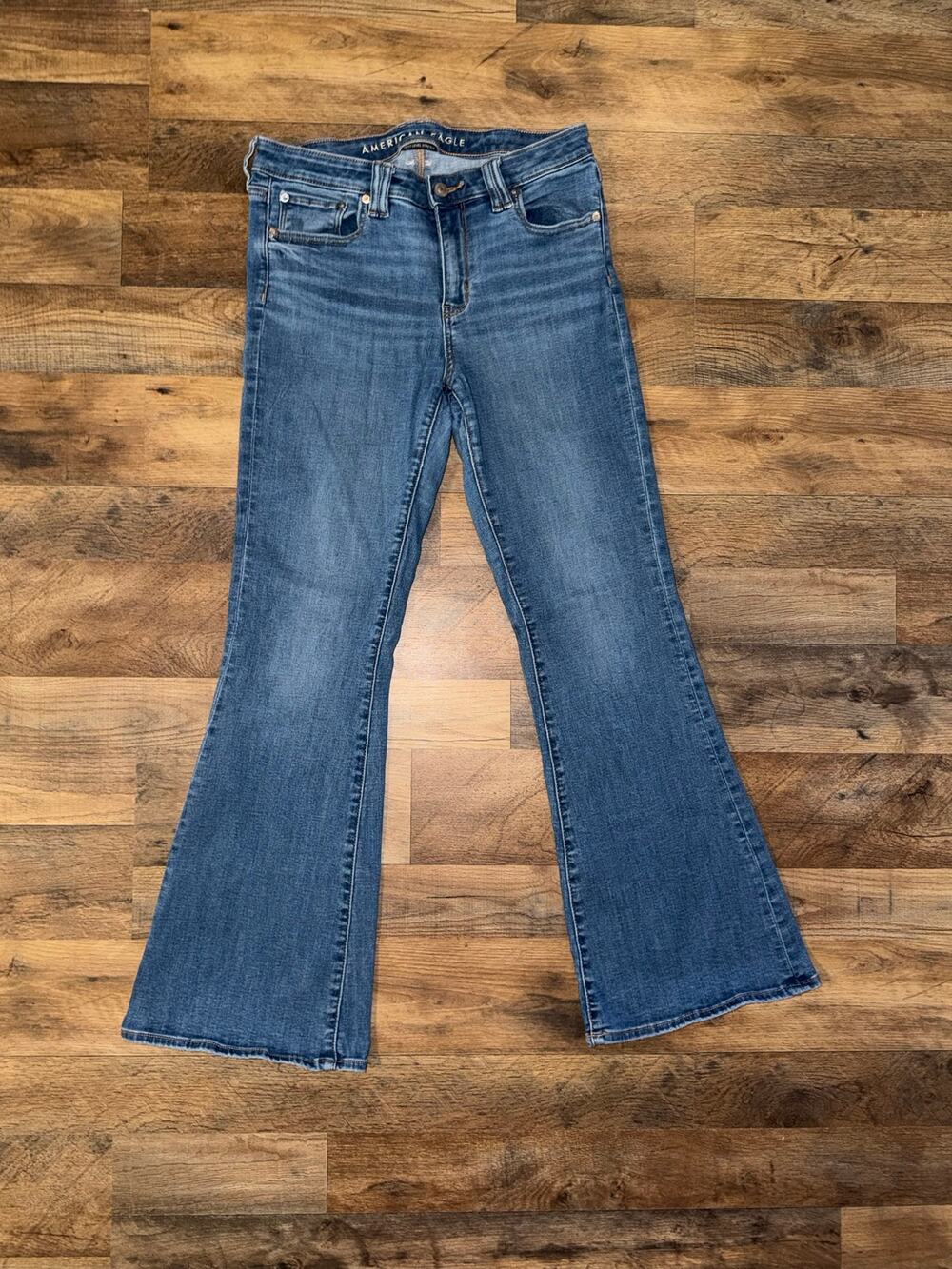 American Eagle women’s next level stretch low rise flare blue jeans